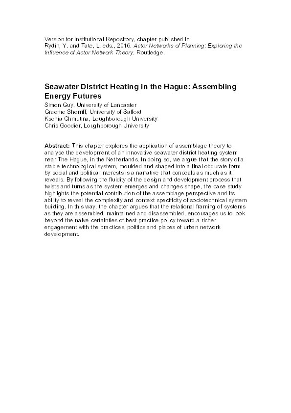 Assembling urban energy : sociotechnical perspectives on a seawater district heating project Thumbnail