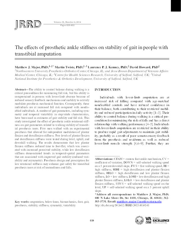 The effects of prosthetic ankle stiffness on stability of gait in people with trans-tibial amputation Thumbnail