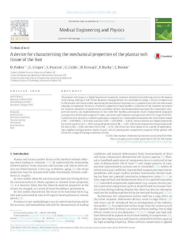 A device for characterising the mechanical properties of the plantar soft tissue of the foot Thumbnail