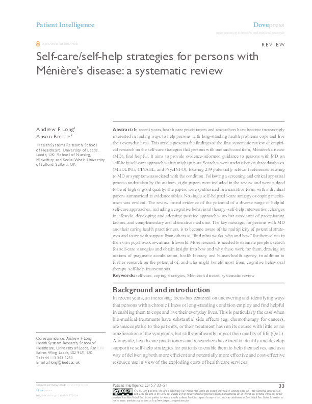 Self care-self-help strategies for persons with menieres disease: a systematic review Thumbnail