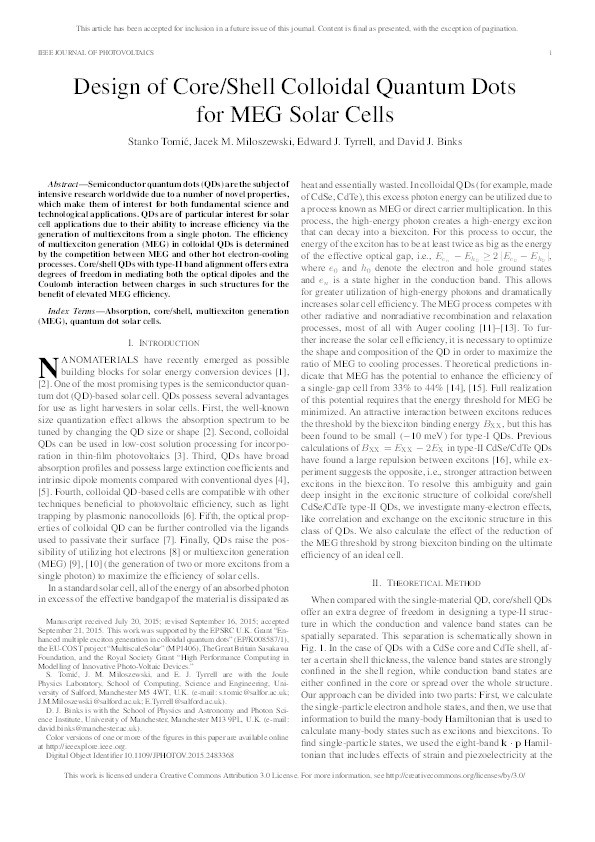 Design of core/shell colloidal quantum dots for MEG solar cells Thumbnail