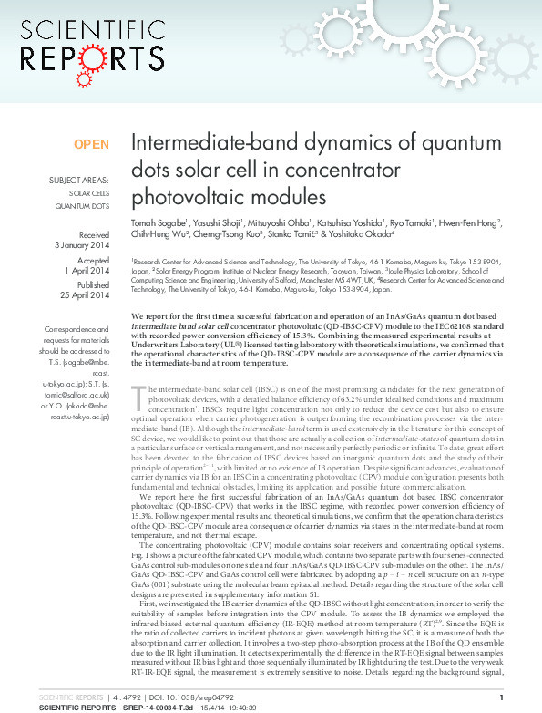 Intermediate-band dynamics of quantum dots solar cell in concentrator photovoltaic modules Thumbnail