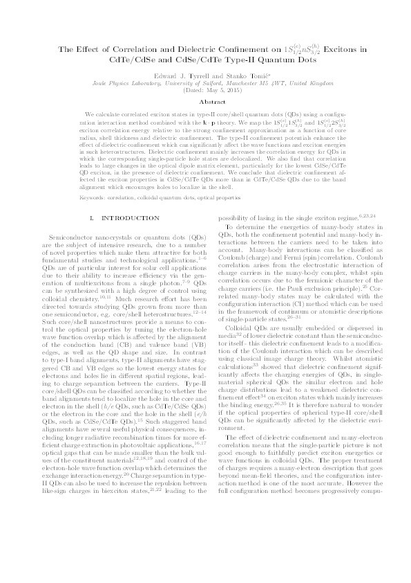 Effect of correlation and dielectric confinement on 1S1/2(e)nS3/2(h)Excitons in CdTe/CdSe and CdSe/CdTe Type-II quantum dots Thumbnail