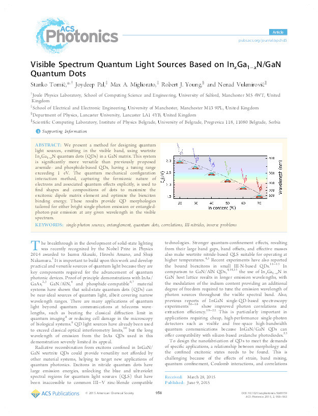 Visible spectrum quantum light sources based on InxGa1–xN/GaN Quantum Dots Thumbnail