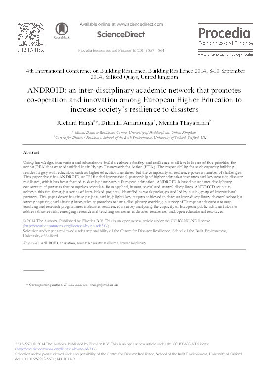 ANDROID : an inter-disciplinary academic network that promotes co-operation and innovation among European higher education to increase society's resilience to disasters Thumbnail