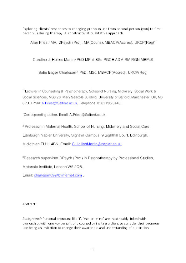 Exploring clients’ responses to changing pronoun use from second person (you) to first person (I) during therapy : a constructivist qualitative approach Thumbnail