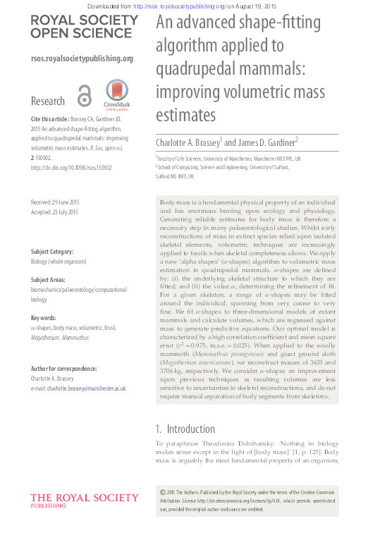An advanced shape-fitting algorithm applied to quadrupedal mammals : improving volumetric mass estimates Thumbnail