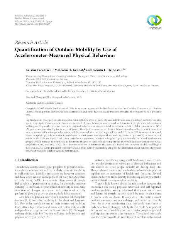 Quantification of outdoor mobility by use of accelerometer-measured physical behaviour Thumbnail