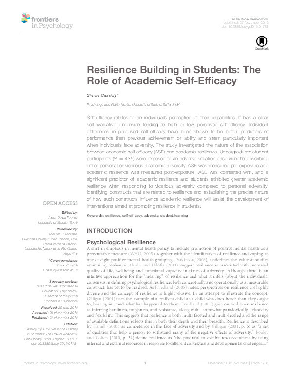 Resilience building in students : the role of academic self-efficacy Thumbnail