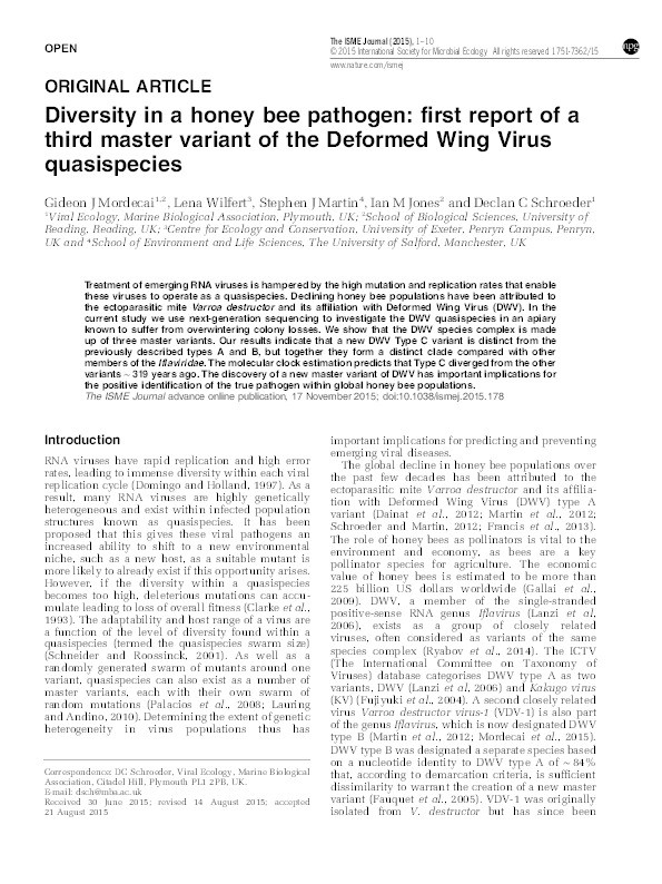 Diversity in a honey bee pathogen: first report of a third master variant of the Deformed Wing Virus quasispecies Thumbnail