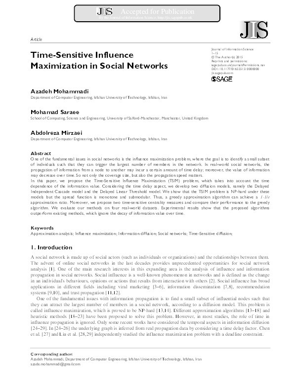 Time-sensitive influence maximization in social networks Thumbnail