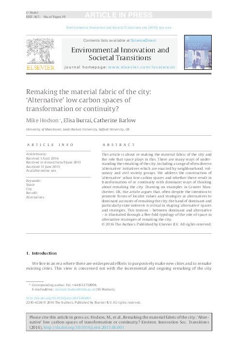 Remaking the material fabric of the city : ‘alternative’ low carbon spaces of transformation or continuity? Thumbnail