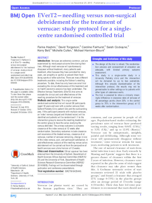 EVerT2—needling versus non-surgical debridement for the  treatment of verrucae : study protocol for a single centre
randomised controlled trial Thumbnail