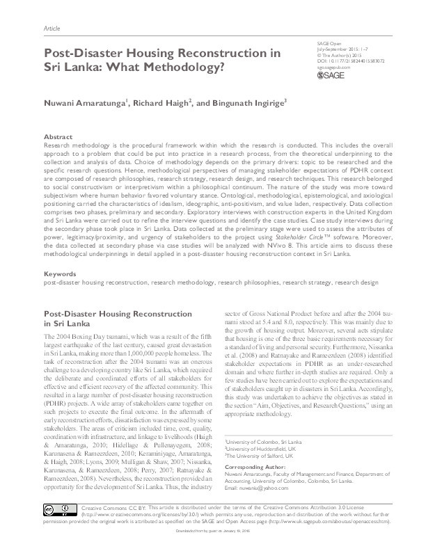 Post-disaster housing reconstruction in Sri Lanka : what methodology? Thumbnail