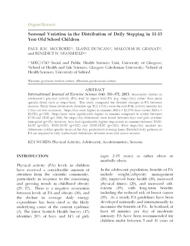 Seasonal variation in the distribution of daily stepping in 11-13 year old school children Thumbnail