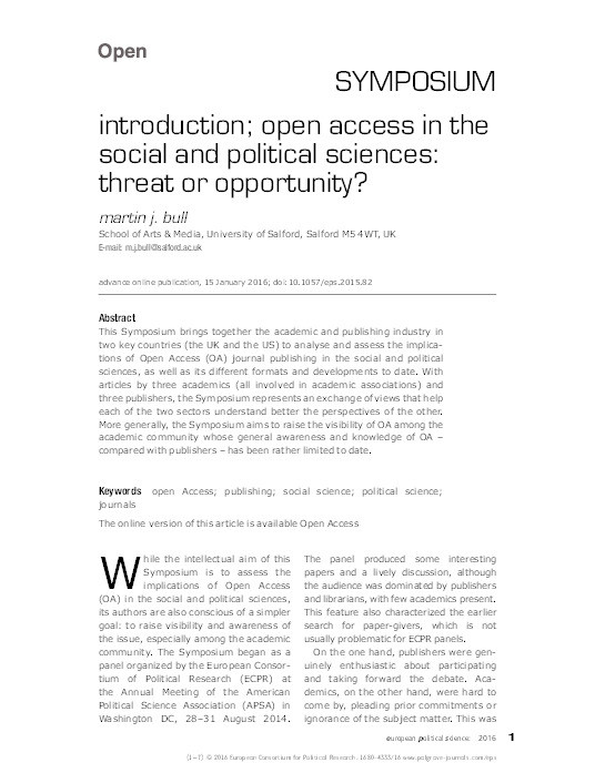 Introduction; open access in the social and political sciences : threat or opportunity? Thumbnail