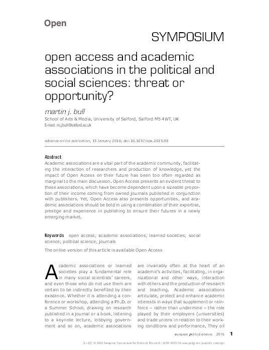Open access and academic associations in the political and social sciences : threat or opportunity? Thumbnail