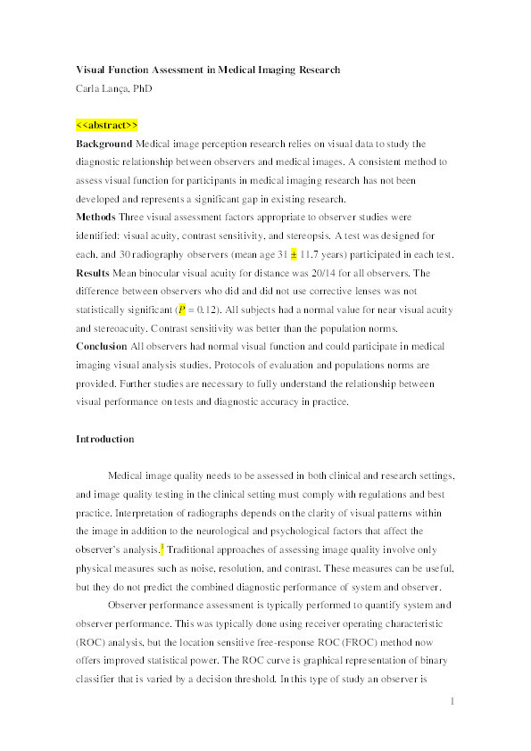 Visual function assessment in medical imaging research Thumbnail