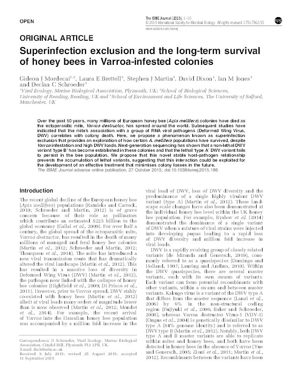 Superinfection exclusion and the long-term survival of honey bees in Varroa-infested colonies Thumbnail