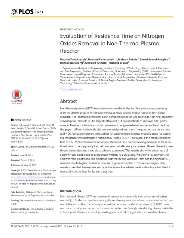 Evaluation of residence time on nitrogen oxides removal in non-thermal plasma reactor Thumbnail