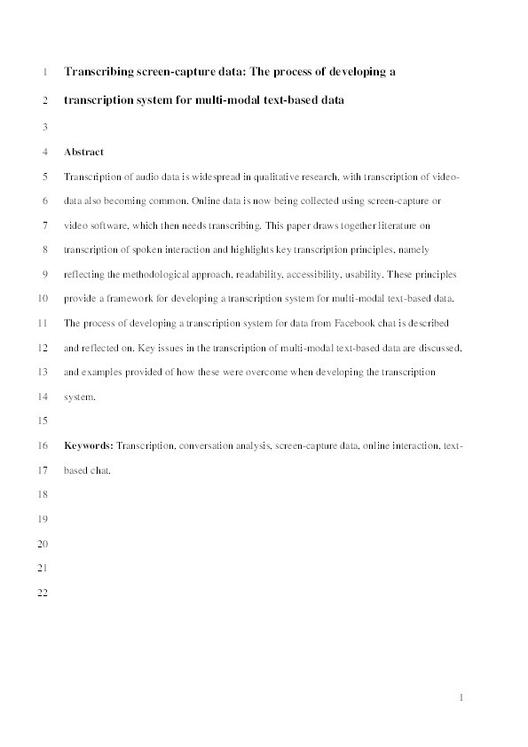 Transcribing screen-capture data : the process of developing a transcription system for multi-modal text-based data Thumbnail