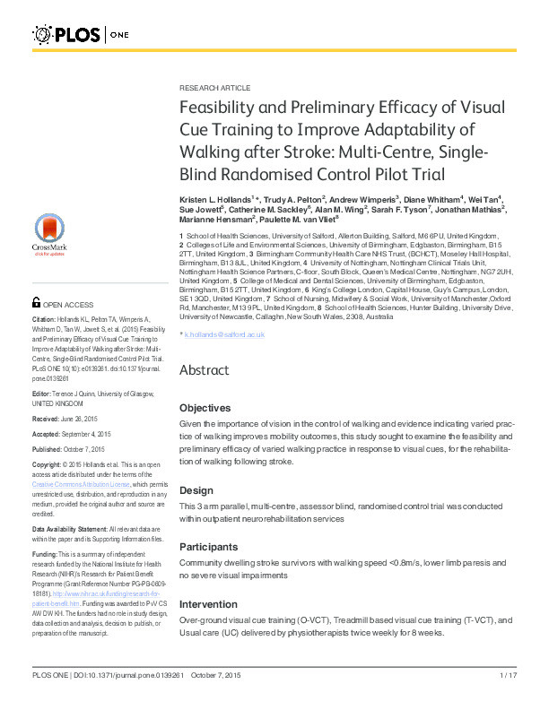 Feasibility and preliminary efficacy of visual cue training to improve adaptability of walking after stroke : multi-centre, single-blind randomised control pilot trial Thumbnail