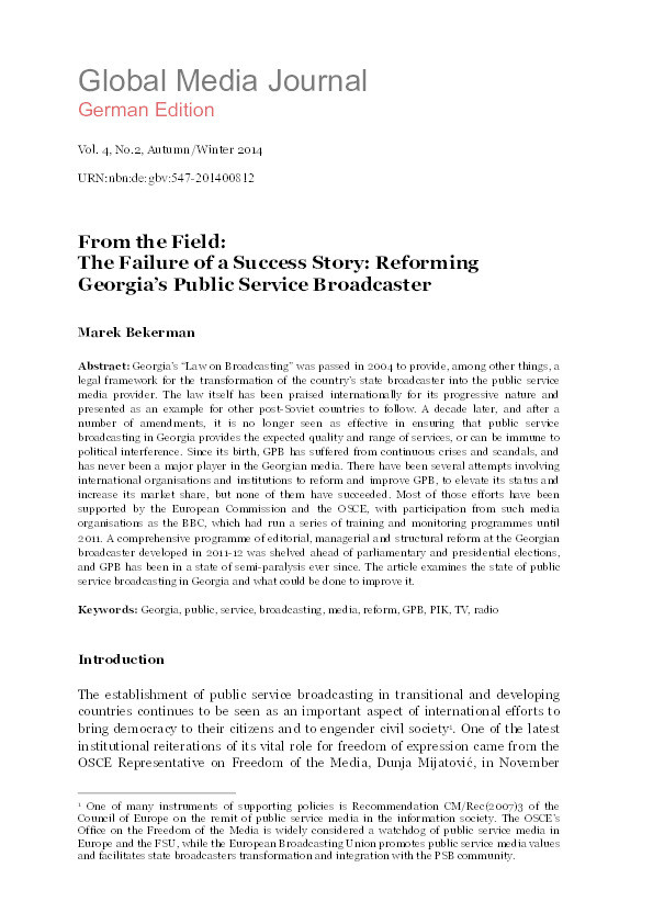 The failure of a success story : reforming 
Georgia’s public service broadcaster Thumbnail