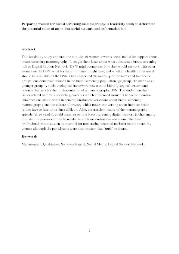 Preparing women for breast screening mammography : a feasibility study to determine the potential value of an on-line social network and information hub Thumbnail