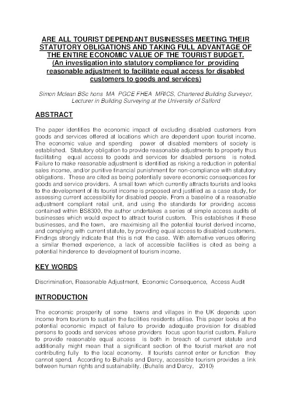 Are all tourist dependant businesses meeting their statutory obligations and taking full advantage of the entire economic value of the tourist budget
(An investigation into statutory compliance for  providing reasonable adjustment to facilitate equal access for disabled customers to goods and services) Thumbnail
