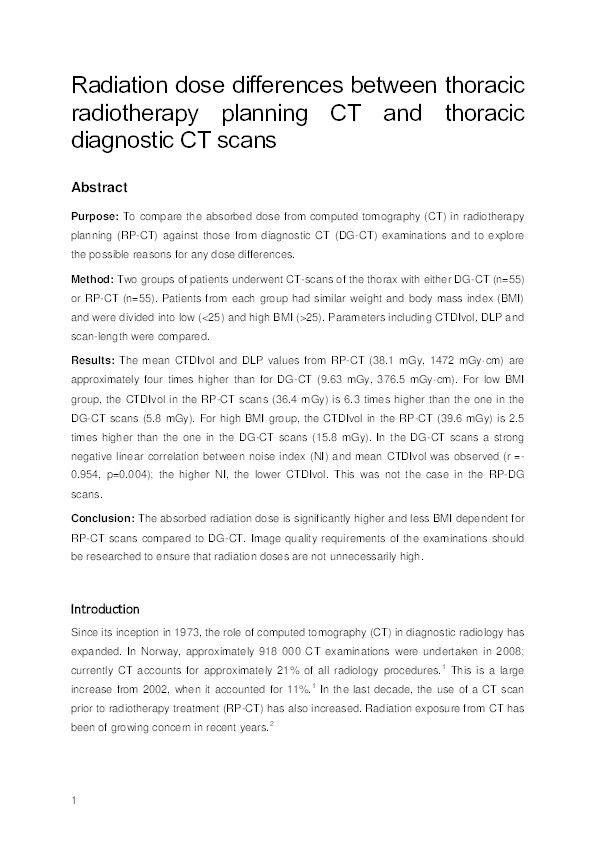 Radiation dose differences between thoracic radiotherapy planning CT and thoracic diagnostic CT scans Thumbnail