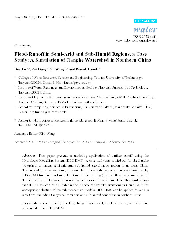 Flood-runoff in semi-arid and sub-humid regions, a case
study : a simulation of jianghe watershed in Northern China Thumbnail
