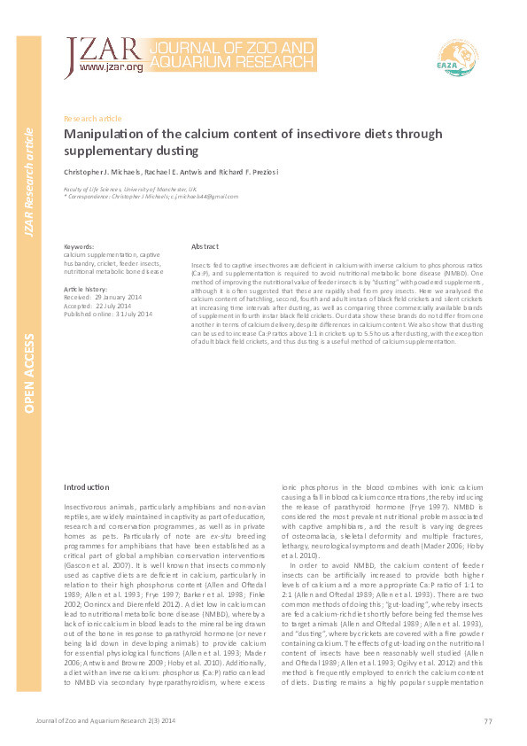 Manipulation of the calcium content of insectivore diets through supplementary dusting Thumbnail