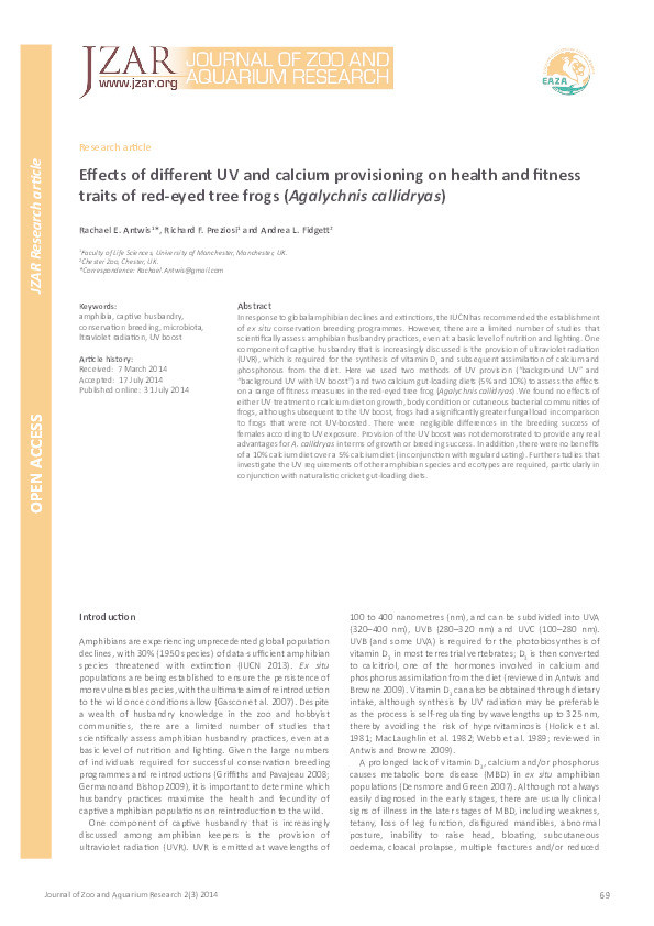 The effect of different UV and calcium provisioning on health and fitness traits of red-eyed tree frogs (Agalychnis callidryas) Thumbnail