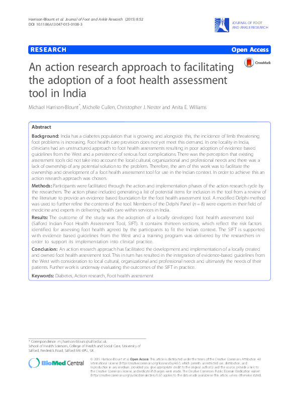 An action research approach to facilitating the adoption of a foot health assessment tool in India Thumbnail