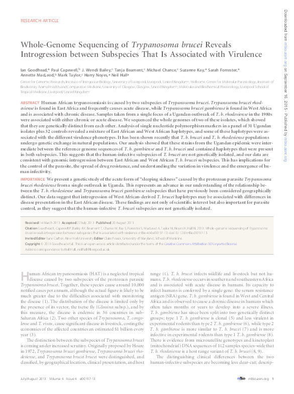 Whole-Genome sequencing of Trypanosoma brucei reveals introgression between subspecies that is associated with virulence Thumbnail