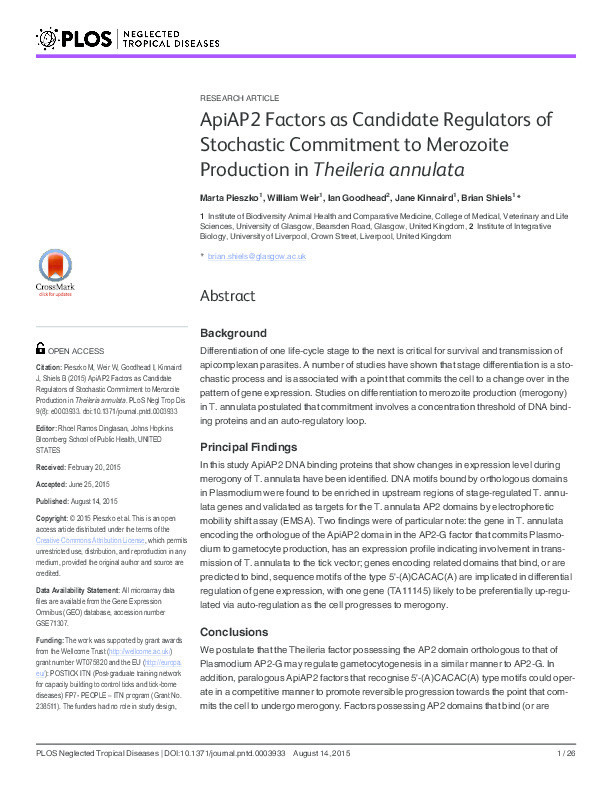 ApiAP2 factors as candidate regulators of stochastic commitment to merozoite production in Theileria annulata Thumbnail
