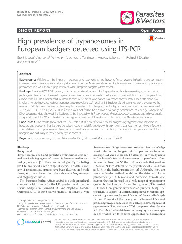 High prevalence of trypanosomes in European badgers detected using ITS-PCR Thumbnail