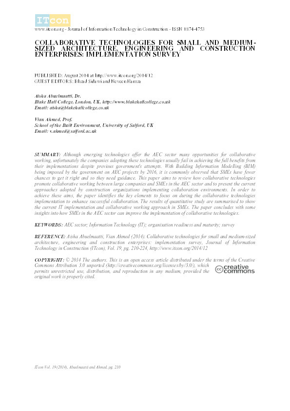 Collaborative technologies for small and medium-sized architecture, engineering and construction enterprises : implementation survey Thumbnail