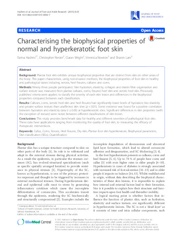 Characterising the biophysical properties of normal and hyperkeratotic foot skin Thumbnail