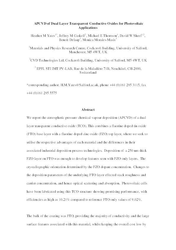 APCVD of dual layer transparent conductive oxides for photovoltaic applications Thumbnail