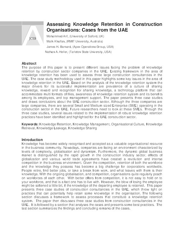 Assessing knowledge retention in construction organisations: Cases from the UAE Thumbnail