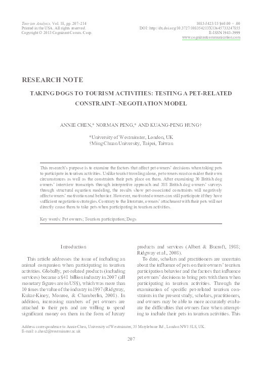 Taking dogs to tourism activities : Testing a pet-related constraint-negotiation model Thumbnail