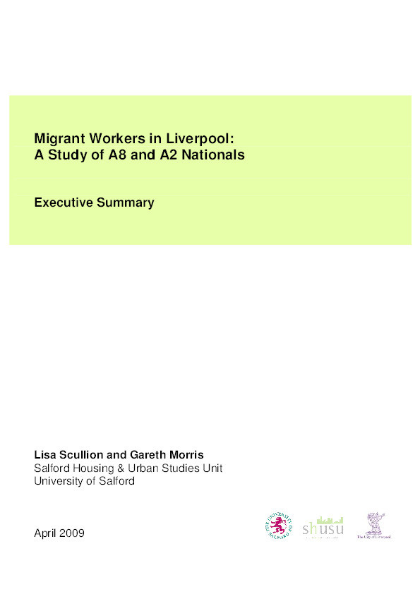 Migrant workers in Liverpool : A Study of A8 and A2 Nationals : Executive summary Thumbnail