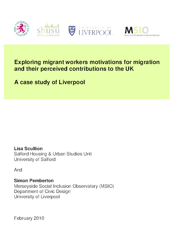 Exploring migrant workers motivations for migration
and their perceived contributions to the UK : A case study of Liverpool Thumbnail