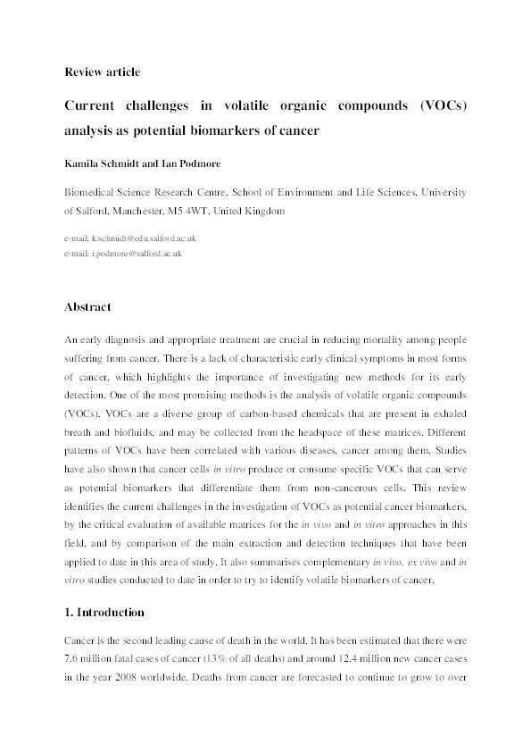 Current challenges in volatile organic compounds analysis as potential biomarkers of cancer Thumbnail