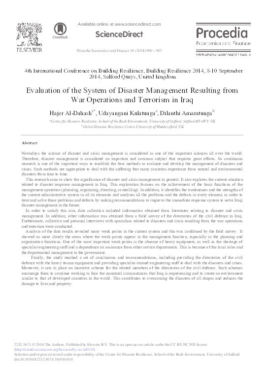 Evaluation of the system of disaster management resulting from war operations and terrorism in Iraq Thumbnail