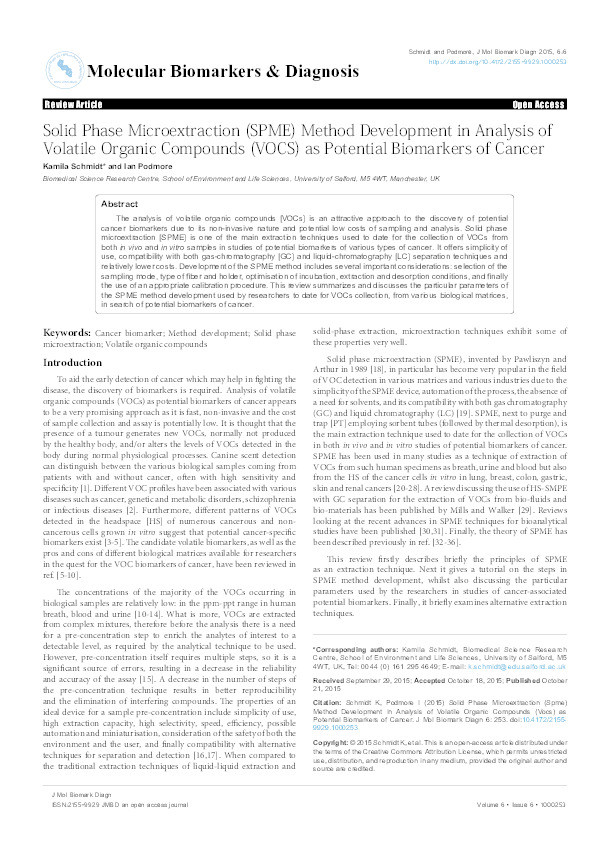 Solid phase microextraction (SPME) method development in analysis of volatile organic compounds (VOCs) as potential biomarkers of cancer Thumbnail