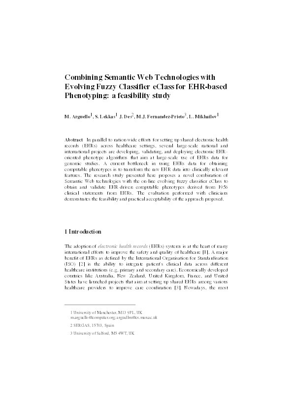 Combining semantic web technologies with evolving fuzzy classifier eClass for EHR-based phenotyping : a feasibility study Thumbnail