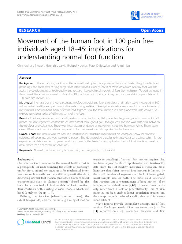 Movement of the human foot in 100 pain free individuals aged 18–45 : implications for understanding normal foot function Thumbnail