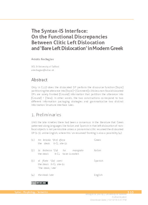 The Syntax-IS interface : on the functional discrepancies between Clitic Left Dislocation and ‘Bare Left Dislocation’ in modern Greek Thumbnail